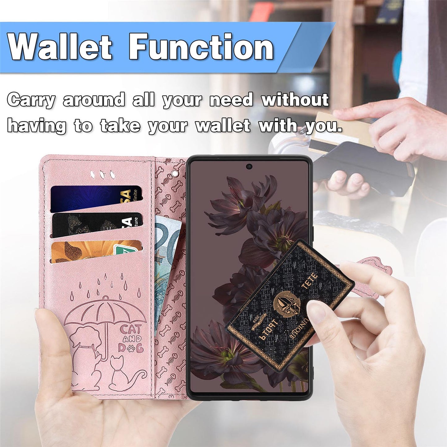 Wallet Case for Google Pixel 9A 8 Pro, Embossed Pattern Cartoon Style Crossbody Flip Phone Cover - Catdogyhgs Series