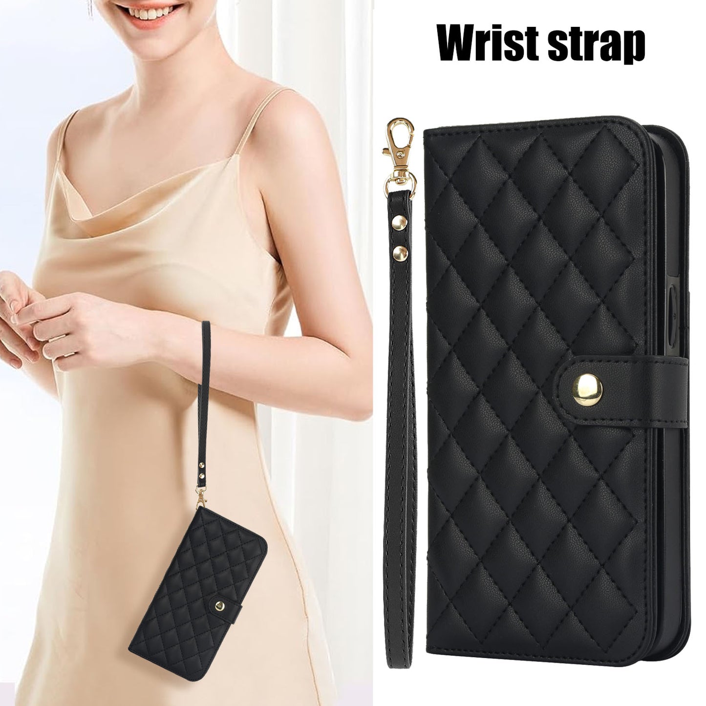 For iPhone 16e 15 Pro Max Crossbody Wallet Case with Card Holder, Quilted Leather Wrist Strap RFID Blocking Case - Dgnxxfgs Series