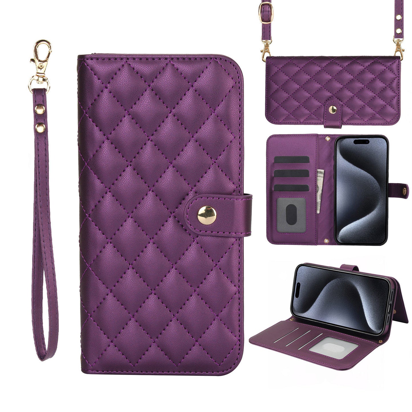For iPhone 16e 15 Pro Max Crossbody Wallet Case with Card Holder, Quilted Leather Wrist Strap RFID Blocking Case - Dgnxxfgs Series