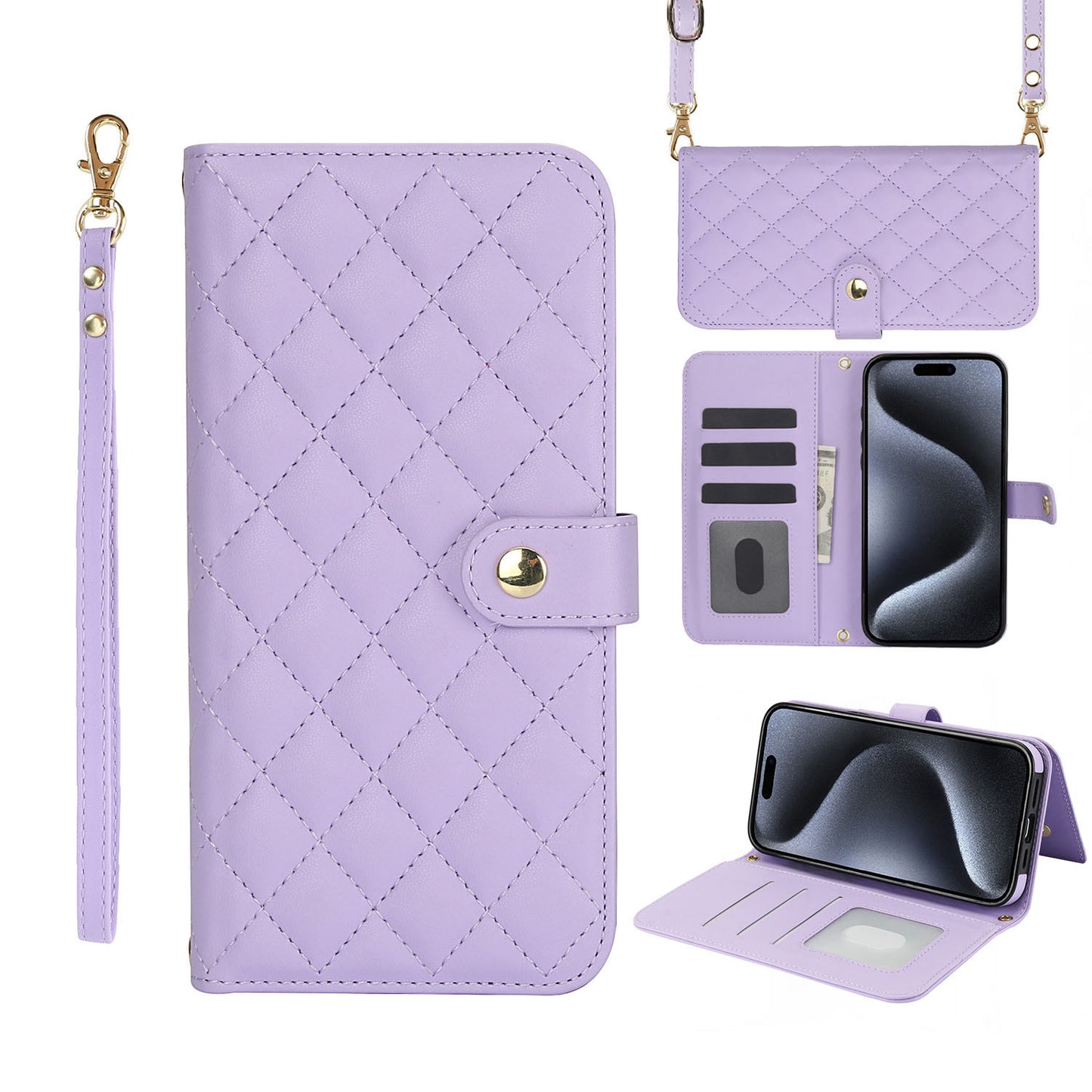 For iPhone 16e 15 Pro Max Crossbody Wallet Case with Card Holder, Quilted Leather Wrist Strap RFID Blocking Case - Dgnxxfgs Series