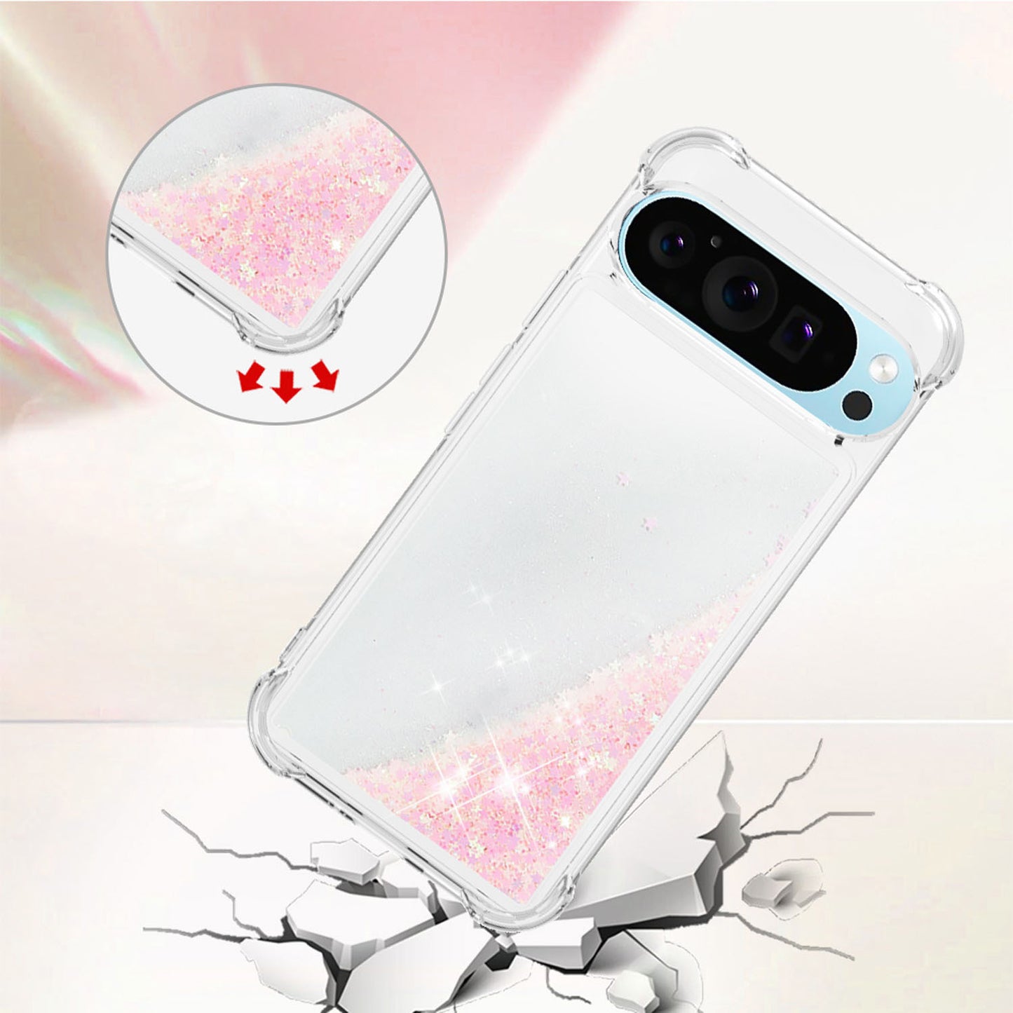 For Google Pixel 9A 8 Pro Case, Soft TPU Glitter Floating Liquid Phone Cover, Support Wireless Charging - Fslswt Series