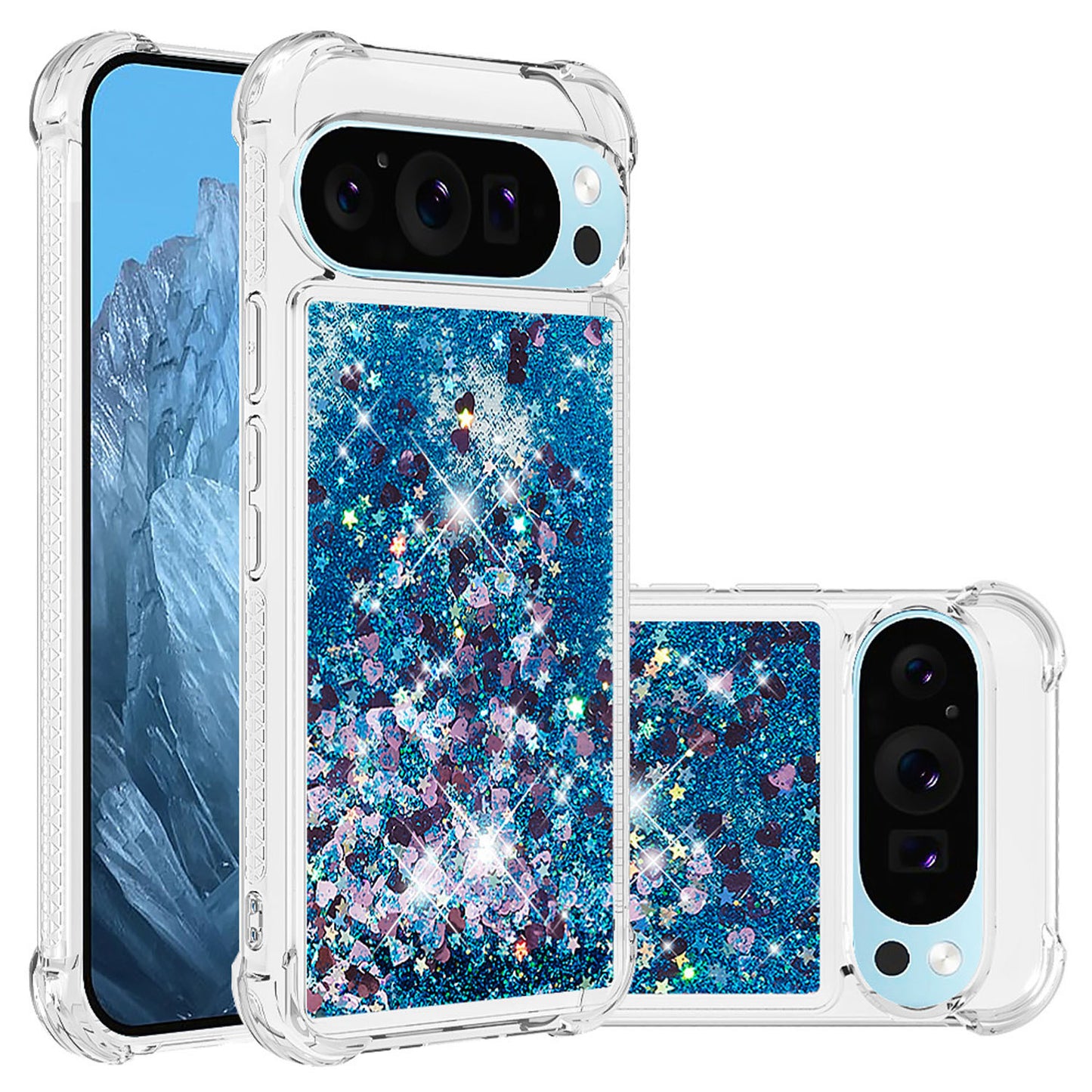 For Google Pixel 9A 8 Pro Case, Soft TPU Glitter Floating Liquid Phone Cover, Support Wireless Charging - Fslswt Series