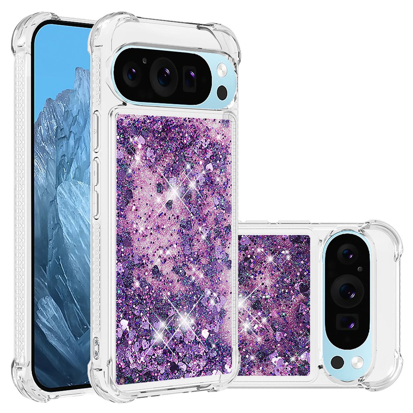 For Google Pixel 9A 8 Pro Case, Soft TPU Glitter Floating Liquid Phone Cover, Support Wireless Charging - Fslswt Series