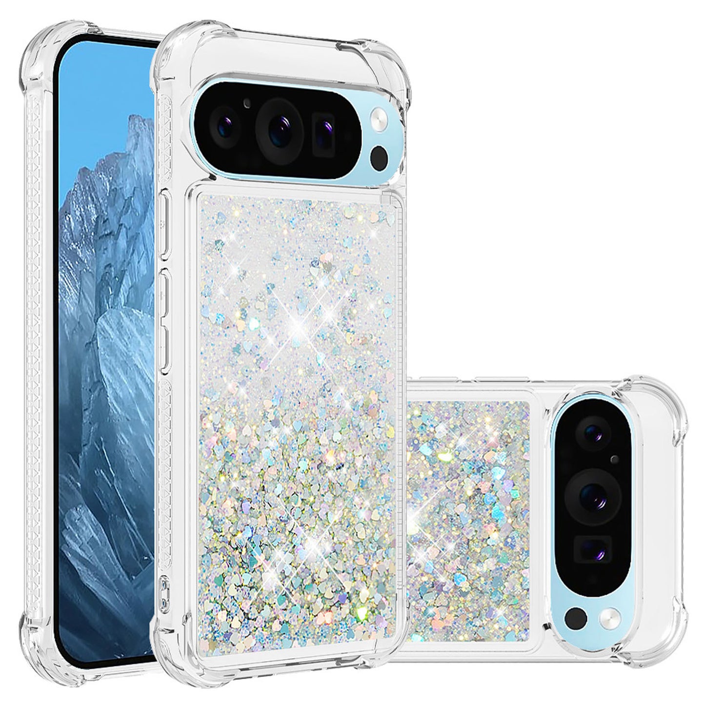 For Google Pixel 9A 8 Pro Case, Soft TPU Glitter Floating Liquid Phone Cover, Support Wireless Charging - Fslswt Series