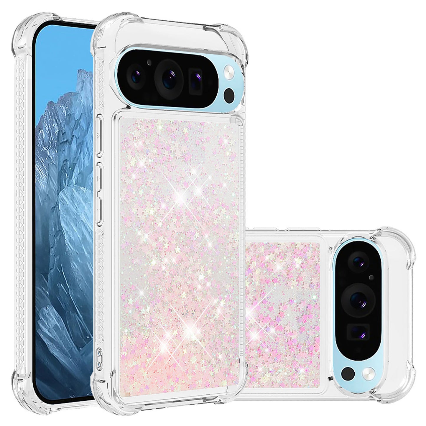 For Google Pixel 9A 8 Pro Case, Soft TPU Glitter Floating Liquid Phone Cover, Support Wireless Charging - Fslswt Series
