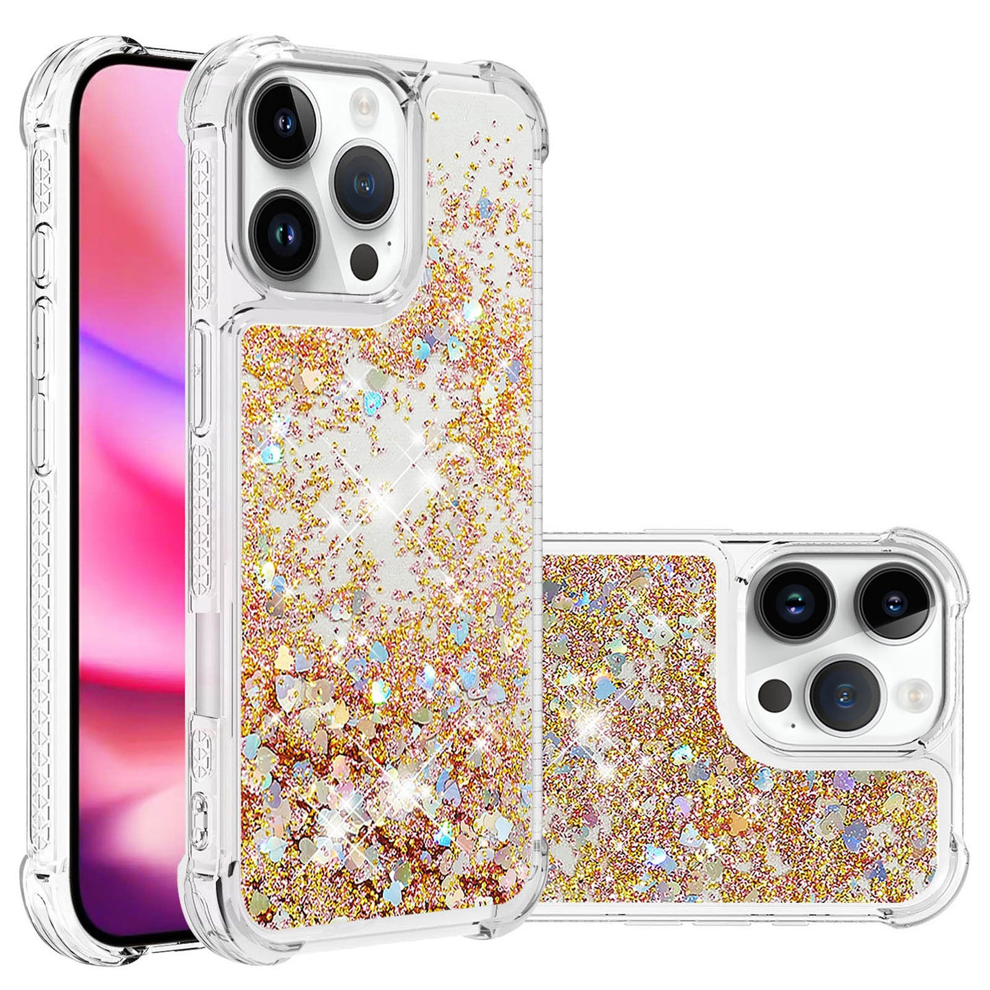 For iPhone 16e 15 Pro Max Case, Soft TPU Glitter Floating Liquid Phone Cover, Support Wireless Charging - Fslswt Series