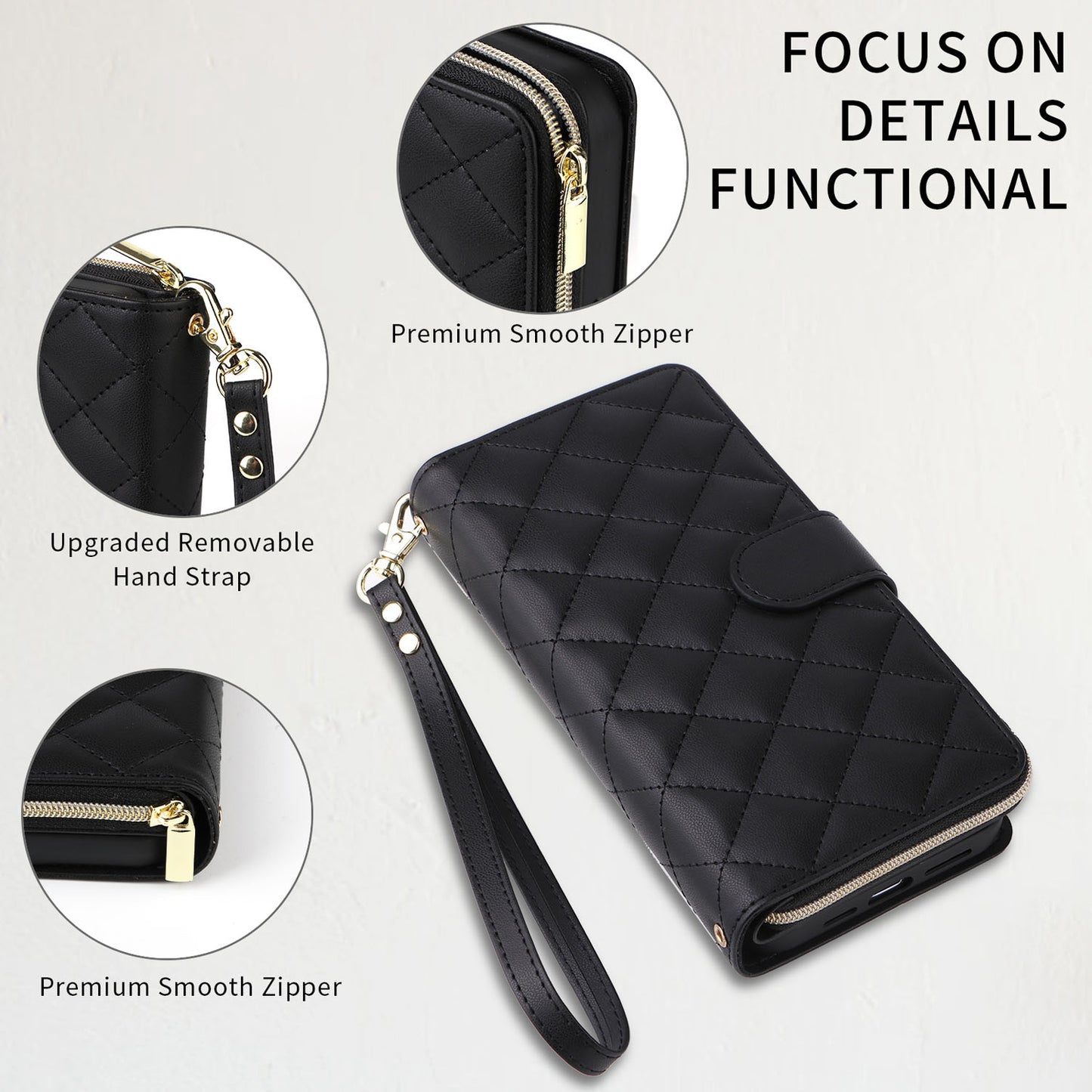 Wallet Case for iPhone 16e 15 Pro Max with Wrist Strap Crossbody Shoulder Strap, 9 Card Slots Zipper Purse, PU Leather Phone Cover - Hsxxfllgs Series