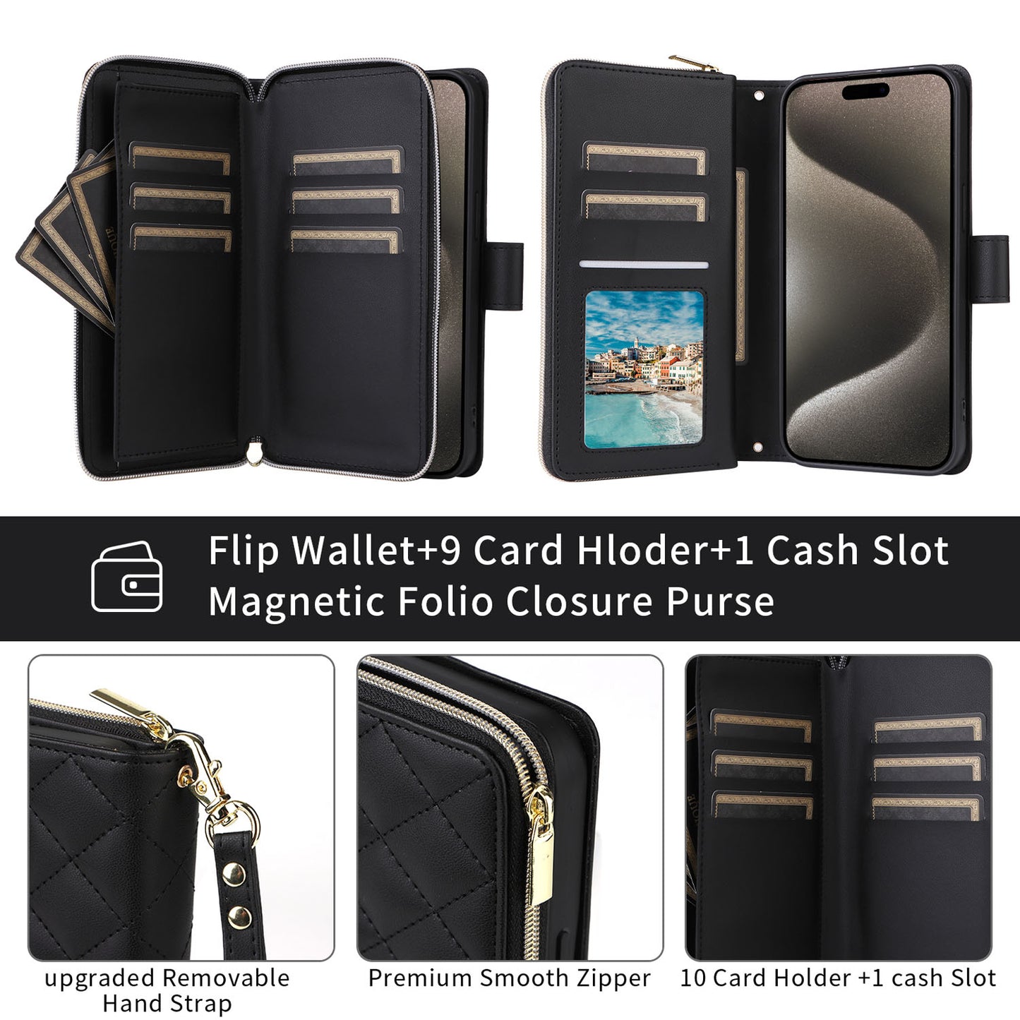 Wallet Case for iPhone 16e 15 Pro Max with Wrist Strap Crossbody Shoulder Strap, 9 Card Slots Zipper Purse, PU Leather Phone Cover - Hsxxfllgs Series