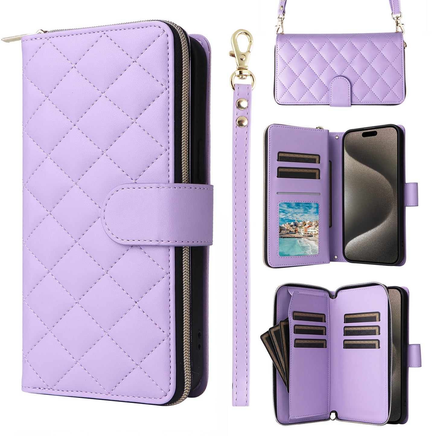 Wallet Case for iPhone 16e 15 Pro Max with Wrist Strap Crossbody Shoulder Strap, 9 Card Slots Zipper Purse, PU Leather Phone Cover - Hsxxfllgs Series