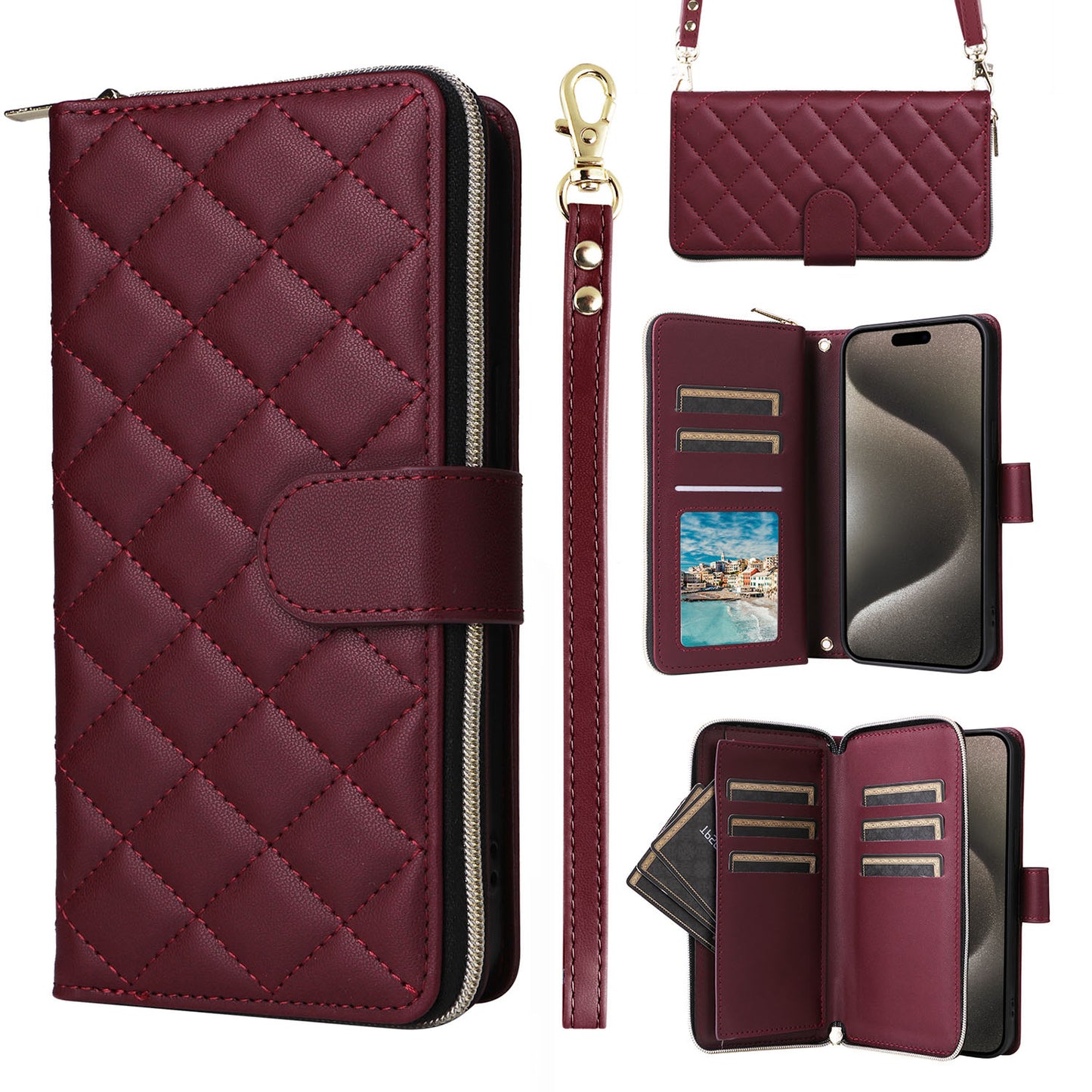Wallet Case for iPhone 16e 15 Pro Max with Wrist Strap Crossbody Shoulder Strap, 9 Card Slots Zipper Purse, PU Leather Phone Cover - Hsxxfllgs Series