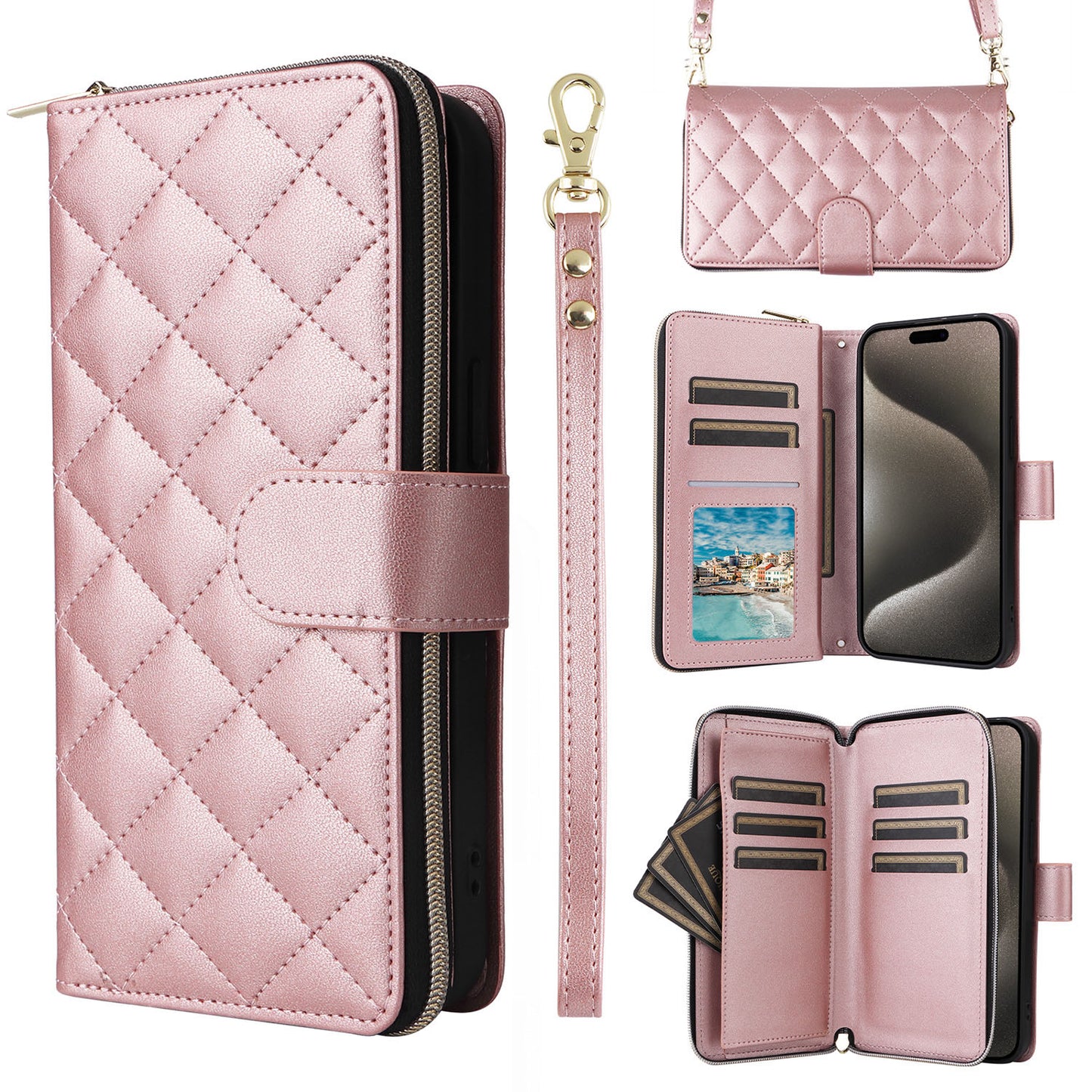 Wallet Case for iPhone 16e 15 Pro Max with Wrist Strap Crossbody Shoulder Strap, 9 Card Slots Zipper Purse, PU Leather Phone Cover - Hsxxfllgs Series