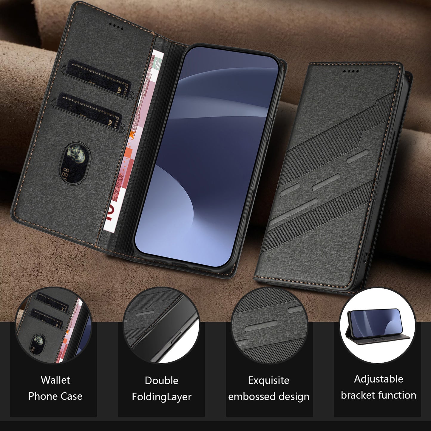 For iPhone 16e 15 Pro Max Wallet Case with Card Holder Kickstand Magnetic Closure - Hxlljiu Series