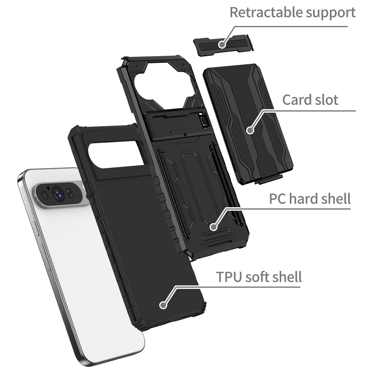 Detachable Card Holder Case for Google Pixel 9 8 Pro, Dual-Layer Protective Case with Kickstand Heavy Duty Cover - Jgkb Series