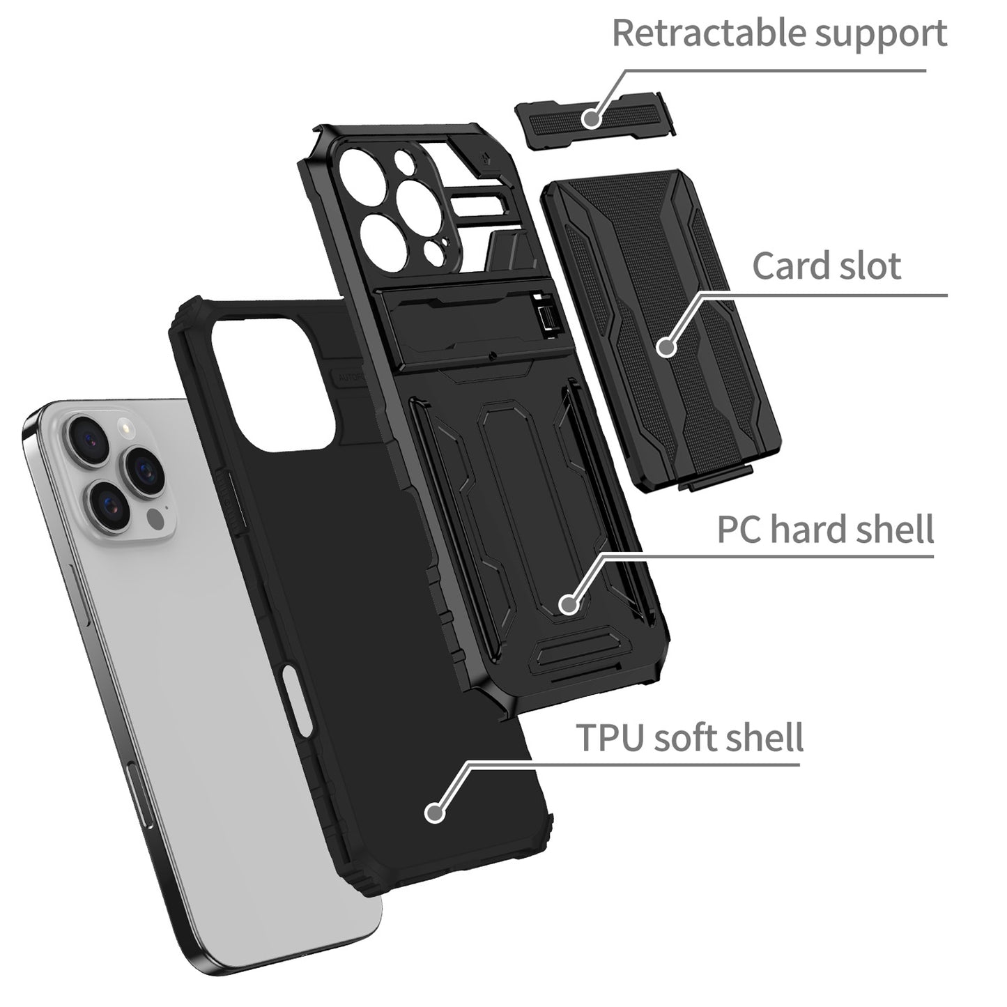 Detachable Card Holder Case for iPhone 16 15 Pro Max, Dual-Layer Protective Case with Kickstand Heavy Duty Cover - Jgkb Series