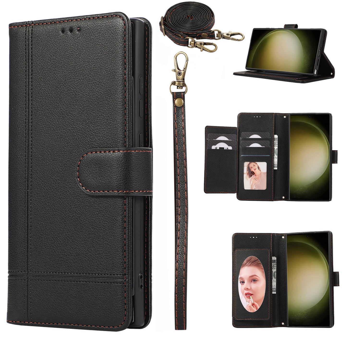 Crossbody Wallet for Sharp Aquos R9 Sense9 Sense8 with Mirror, Adjustable Lanyard Strap, Wrist and Card Holder, PU Leather Flip Phone Cover - Jz6kxkkgs Series