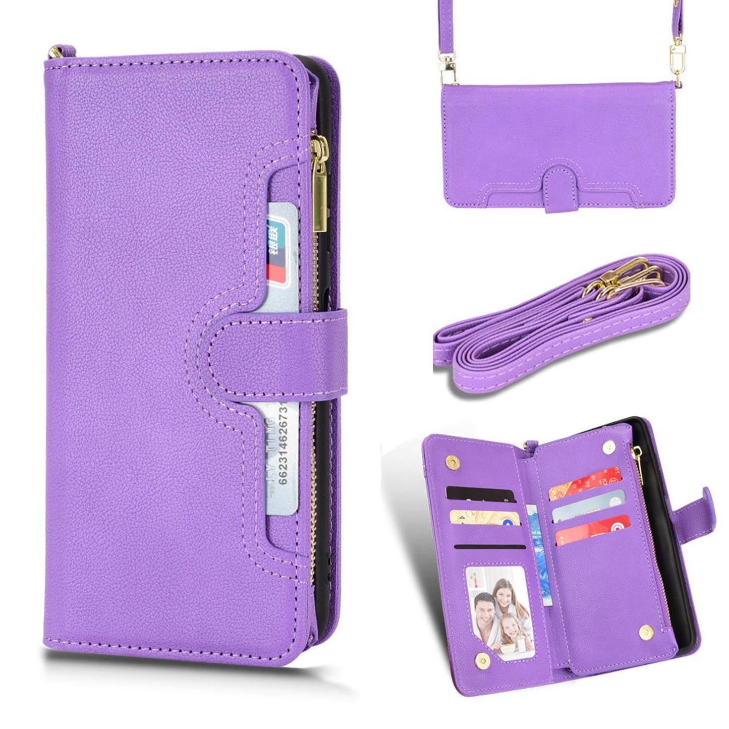 Compatible with iPhone 16 15 Pro Max Wallet Case, 6 Card Holder 1 Zipper Coin Wallet 2 Cash Slot Lanyard Flip Leather Cover - Llbgspt Series