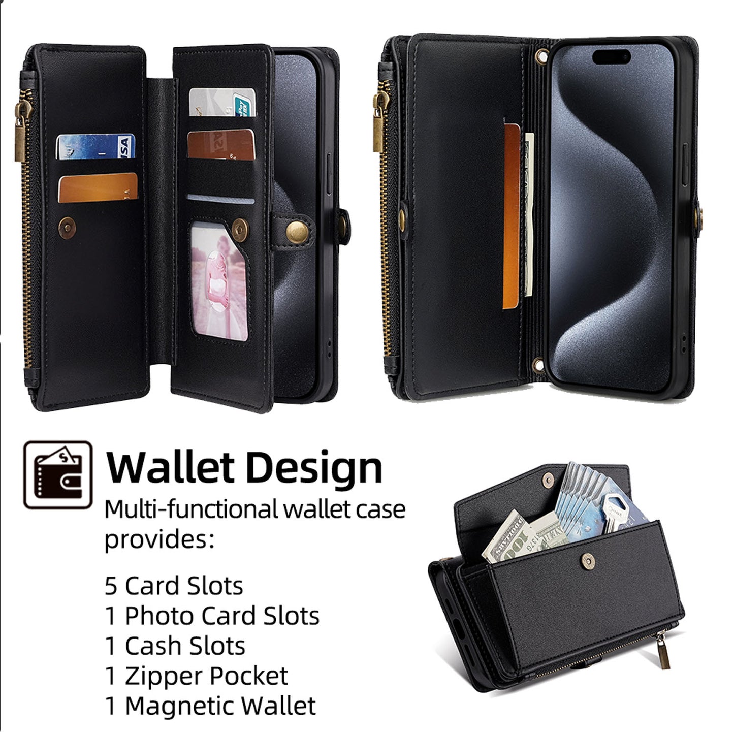 Crossbody Wallet Case for Google Pixel 10 9 Pro XL, 5-Card Holder Magnetic Snap Strap Zipper Pocket Phone Cover - Llckdgngs Series