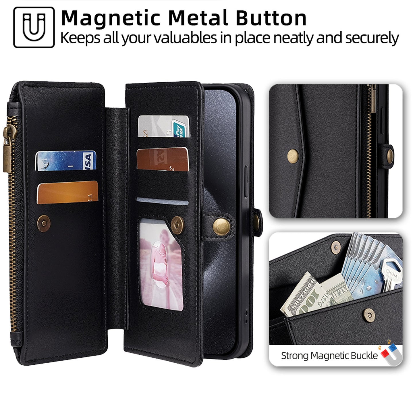 Crossbody Wallet Case for Google Pixel 10 9 Pro XL, 5-Card Holder Magnetic Snap Strap Zipper Pocket Phone Cover - Llckdgngs Series