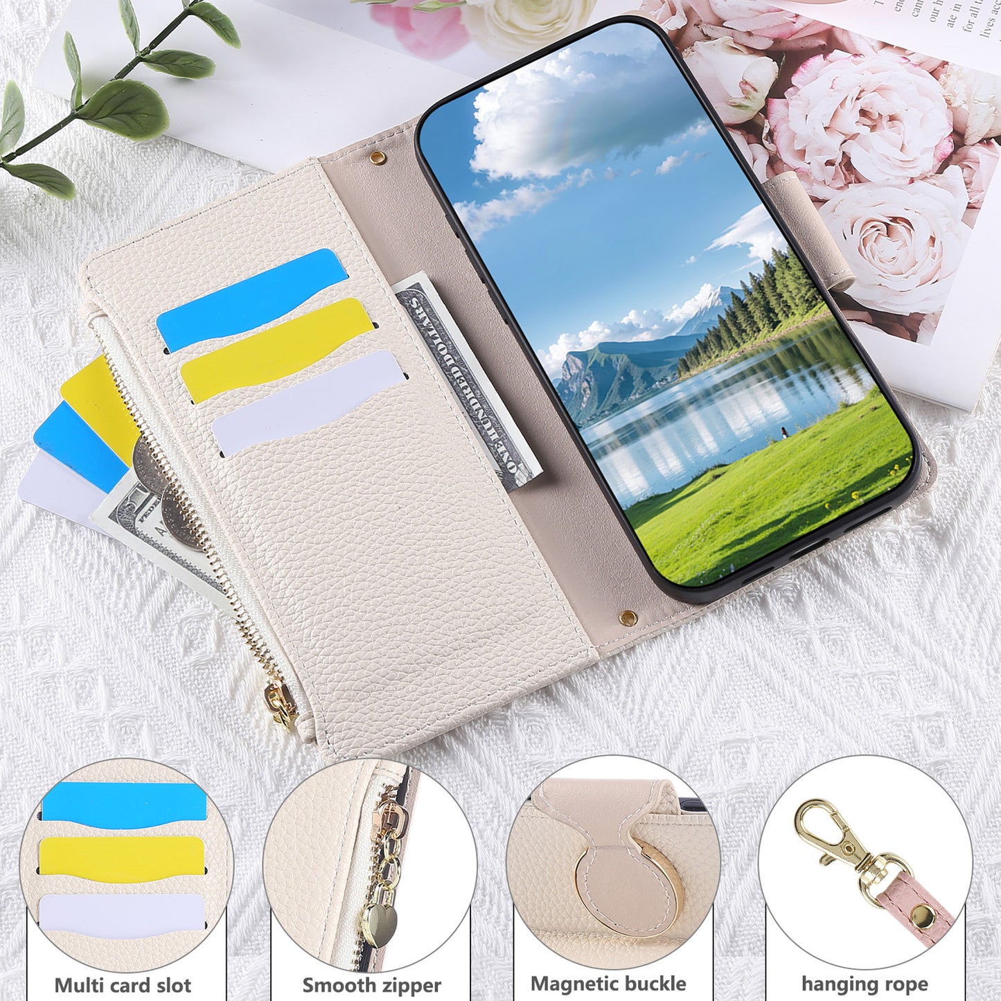 For Sharp Aquos R9 Sense9 Sense8 Crossbody Wallet Case with Card Holder, Zipper PU Leather Phone Cover with Long Shoulder Lanyard - Llyxdkgs Series