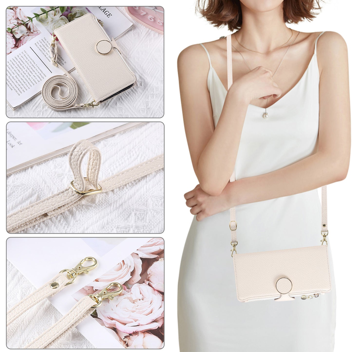 For Sharp Aquos R9 Sense9 Sense8 Crossbody Wallet Case with Card Holder, Zipper PU Leather Phone Cover with Long Shoulder Lanyard - Llyxdkgs Series