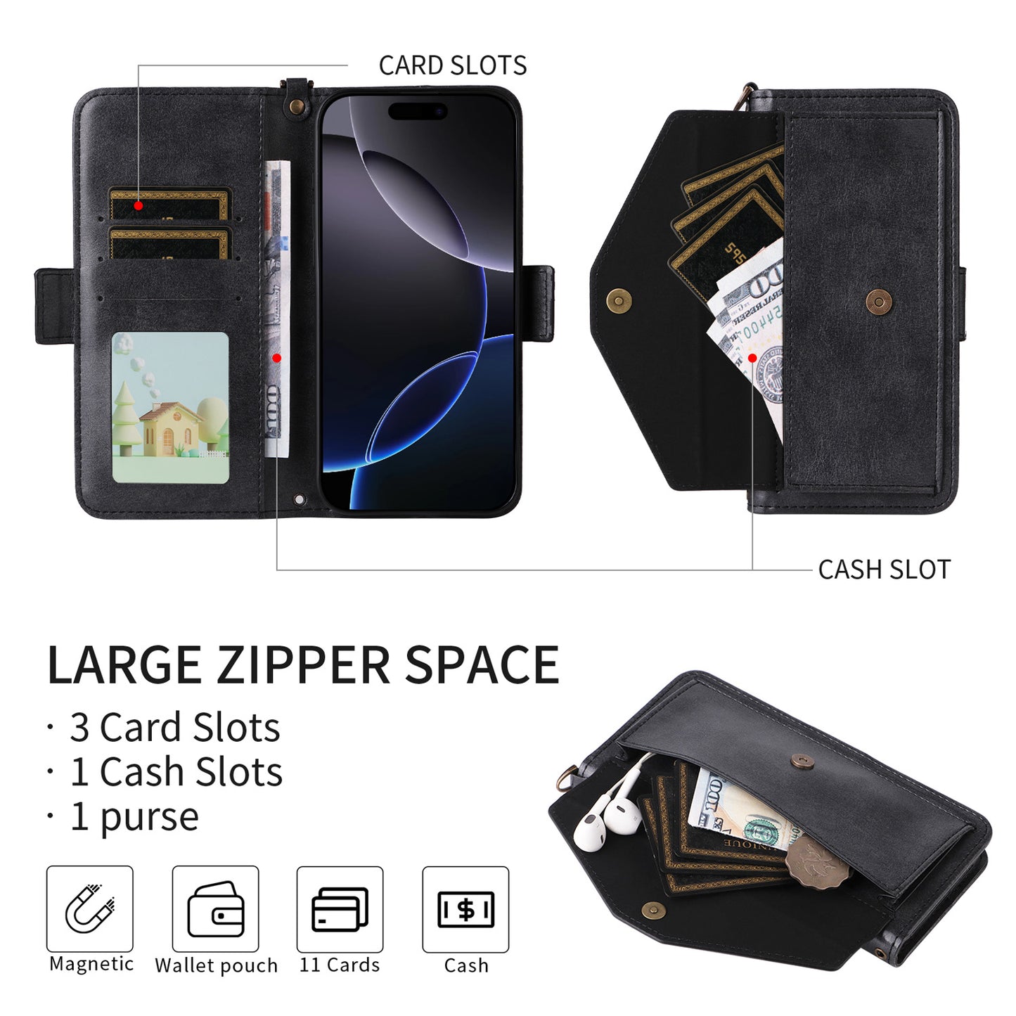 Wallet Case for iPhone 16e 15 Pro Max, PU Leather Flip Cover with Card Slots, Kickstand, Lanyard - Npdkcxkgspt Series