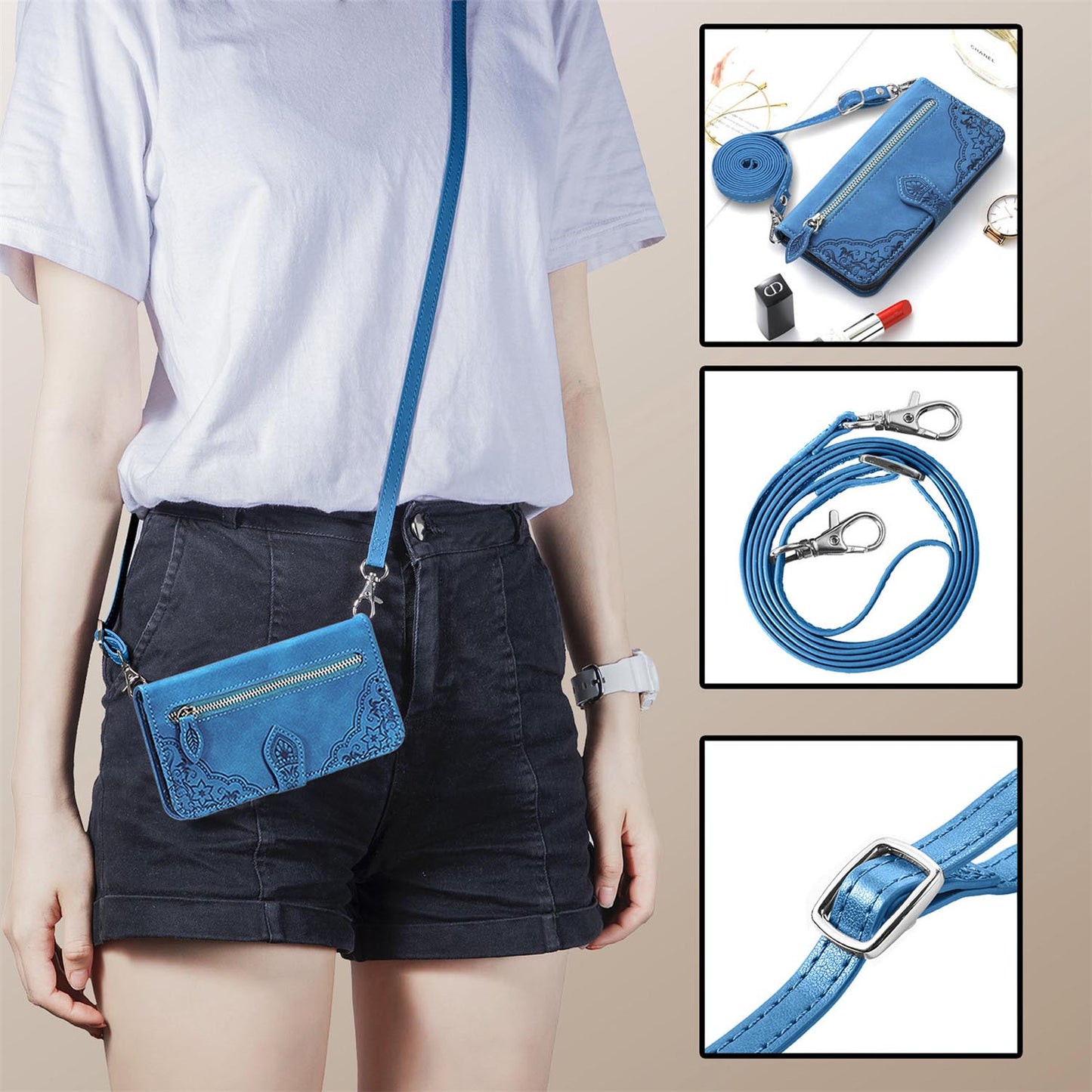 For Galaxy A56 A55 5G Crossbody Wallet Case with 6 Card Holder Slots, PU Leather Zipper Pocket Protective Cover - Szypt Series