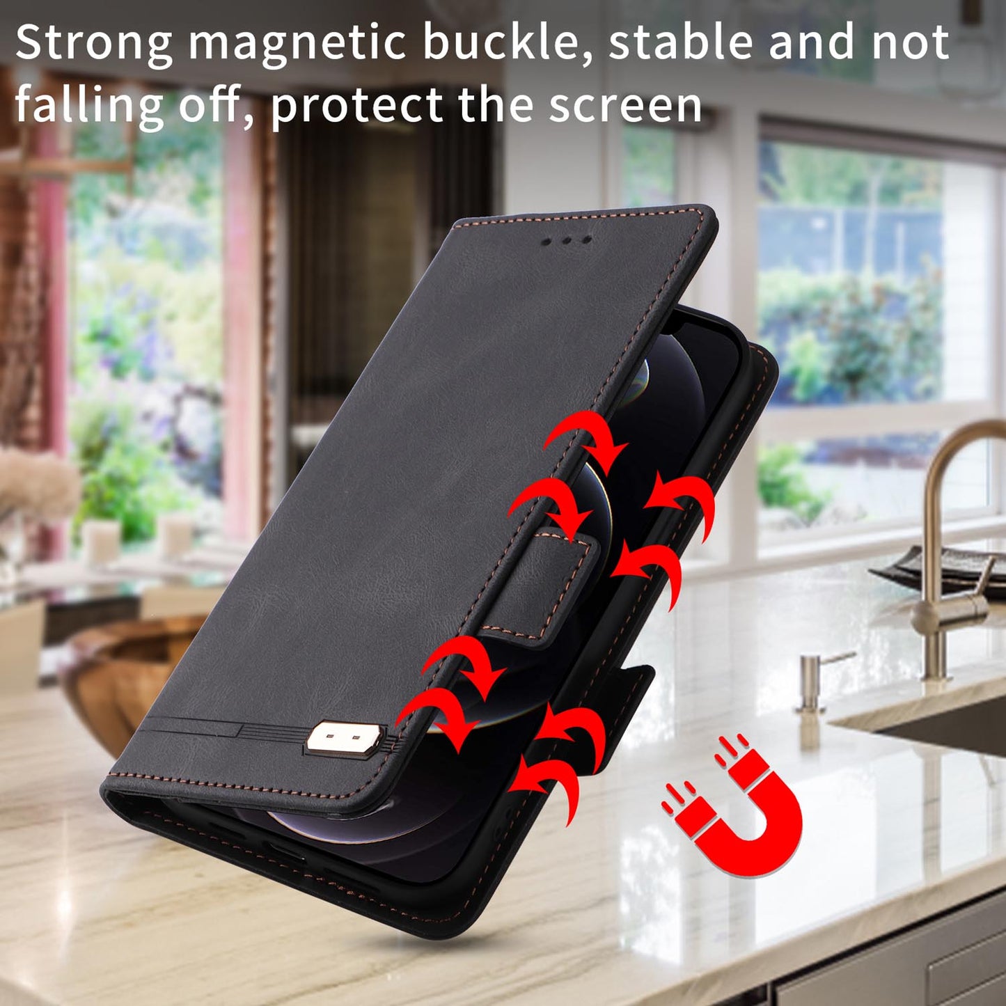 Wallet Case for iPhone 16e 15 Pro Max, Business Magnetic Clasps Leather Cover - Wjckpt Series
