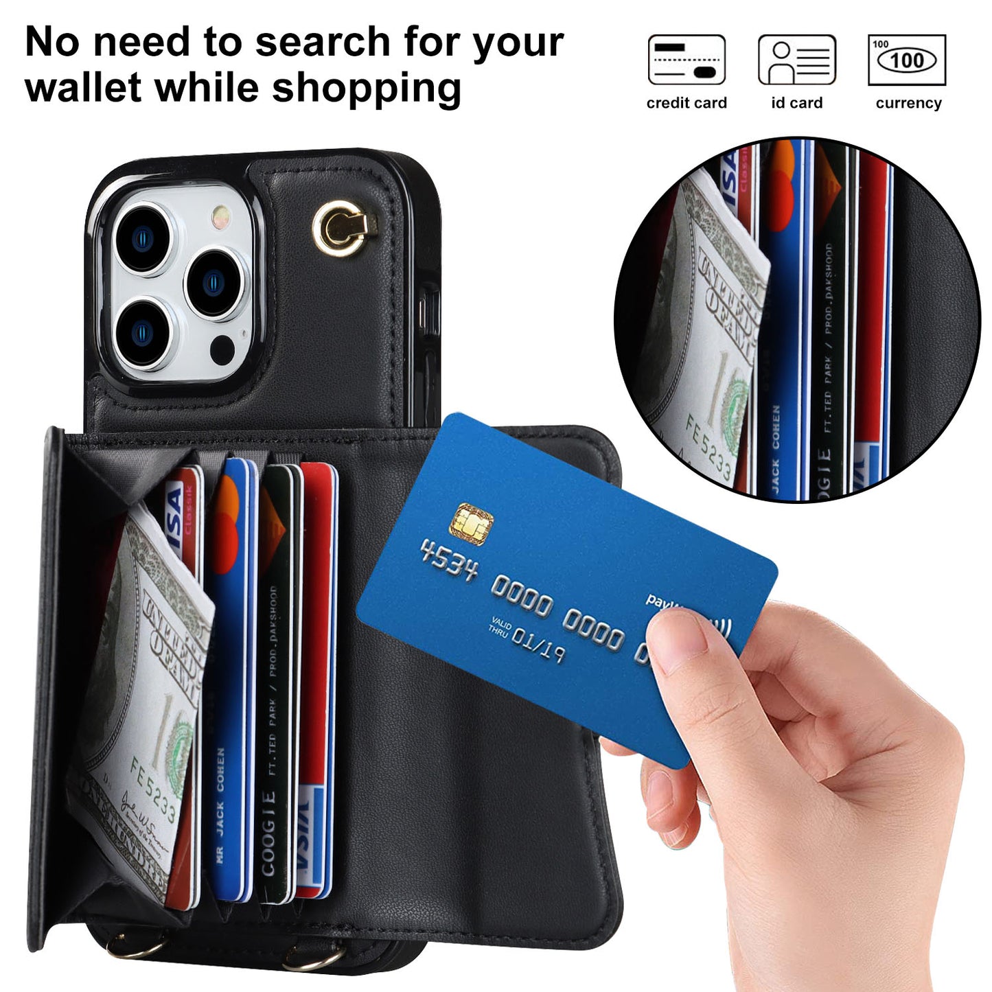 Compatible with iPhone 16e 15 Pro Max Crossbody Leather Detachable Adjustable Strap Wristlet Flip Wallet Phone Case with Card Holder - Xkfqkbgs Series