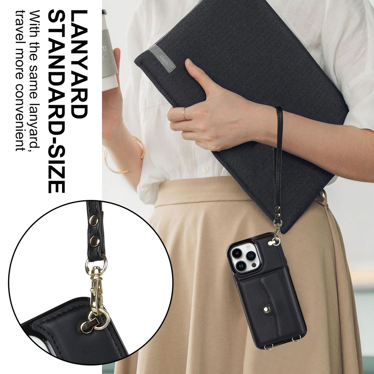 Compatible with iPhone 16e 15 Pro Max Crossbody Leather Detachable Adjustable Strap Wristlet Flip Wallet Phone Case with Card Holder - Xkfqkbgs Series