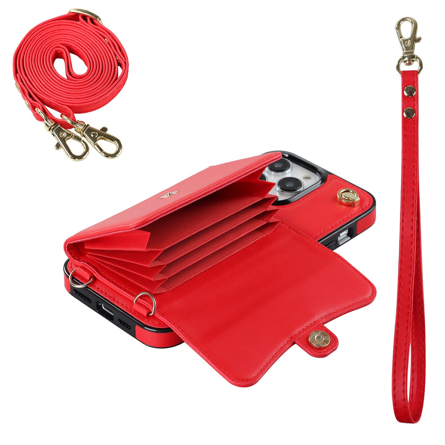 Compatible with iPhone 16e 15 Pro Max Crossbody Leather Detachable Adjustable Strap Wristlet Flip Wallet Phone Case with Card Holder - Xkfqkbgs Series