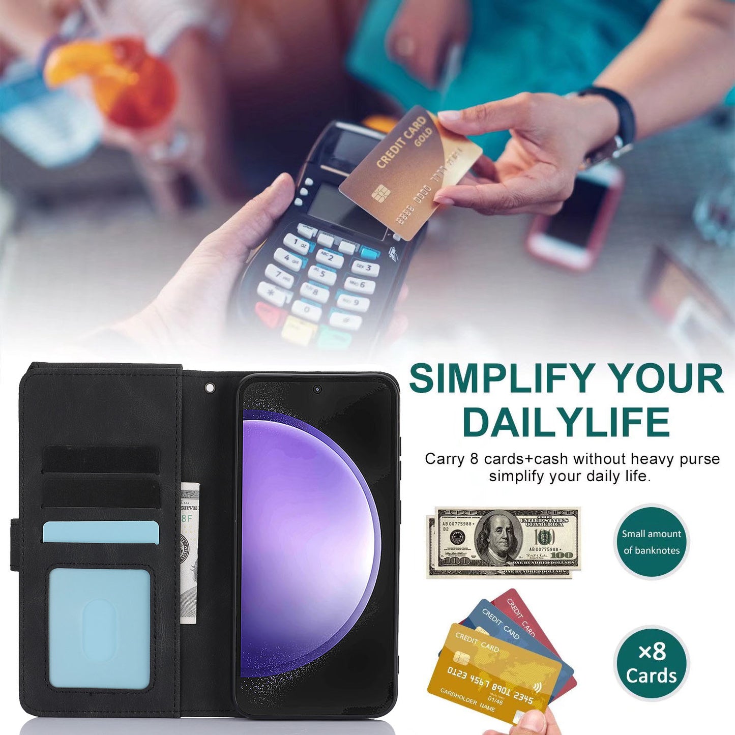 For iPhone 16e 15 Pro Max Zipper Wallet Case Cover with 8 Credit Holder - Xkllpt Series