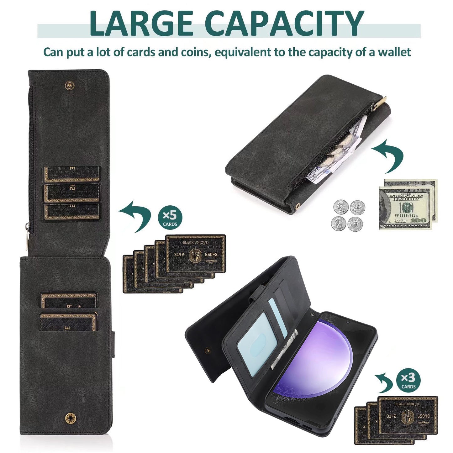 PU Leather Zipper Wallet Phone Case with 8 Card Slots & Wrist Strap - Xkllpt Series