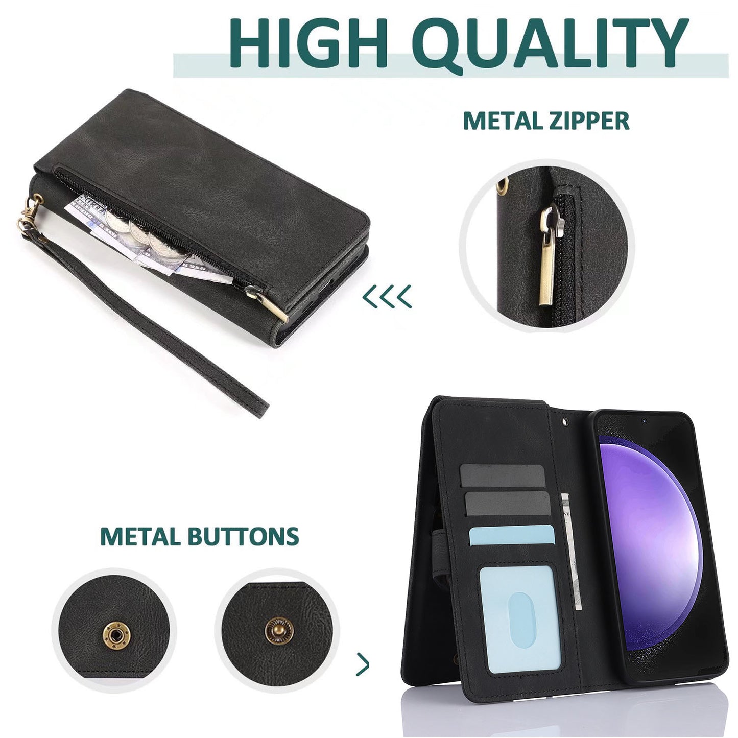 For iPhone 16e 15 Pro Max Zipper Wallet Case Cover with 8 Credit Holder - Xkllpt Series