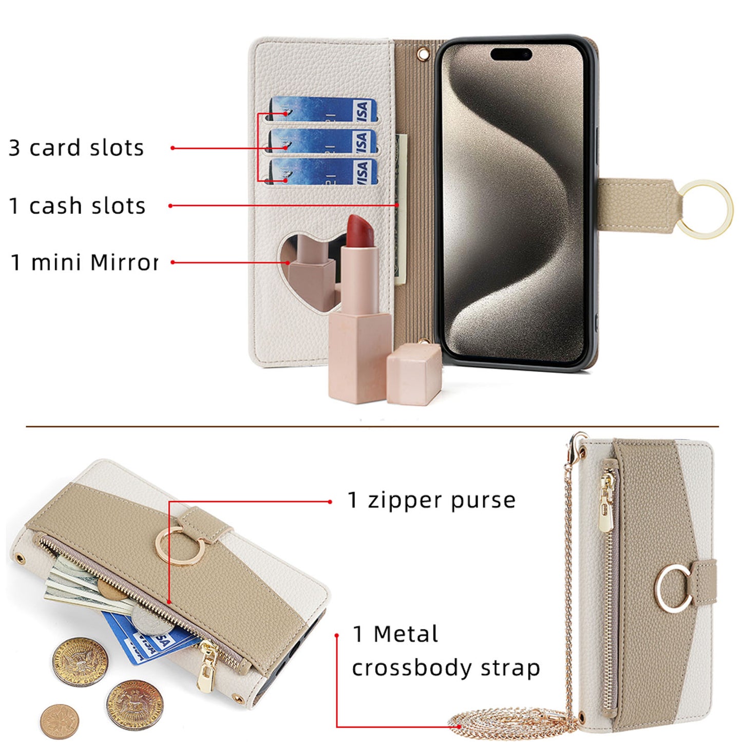 For Google Pixel 10 9 Pro XL Crossbody Wallet Case with Chain Lanyard Strap Mirror Bracket - Xkwjq Series