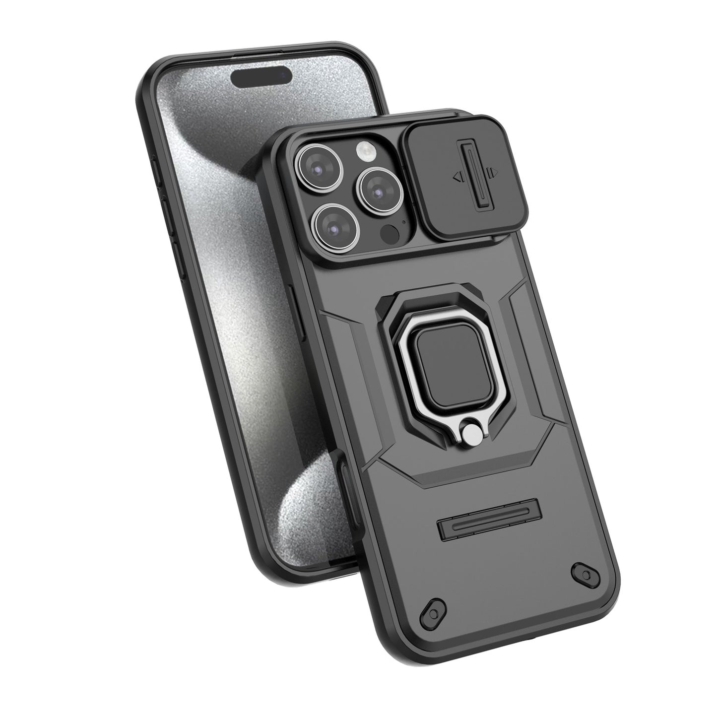 For iPhone 16 15 Pro Max Heavy Duty Shockproof Case with Built in Slide Camera Lens Cover and Kickstand - Zhandx Series