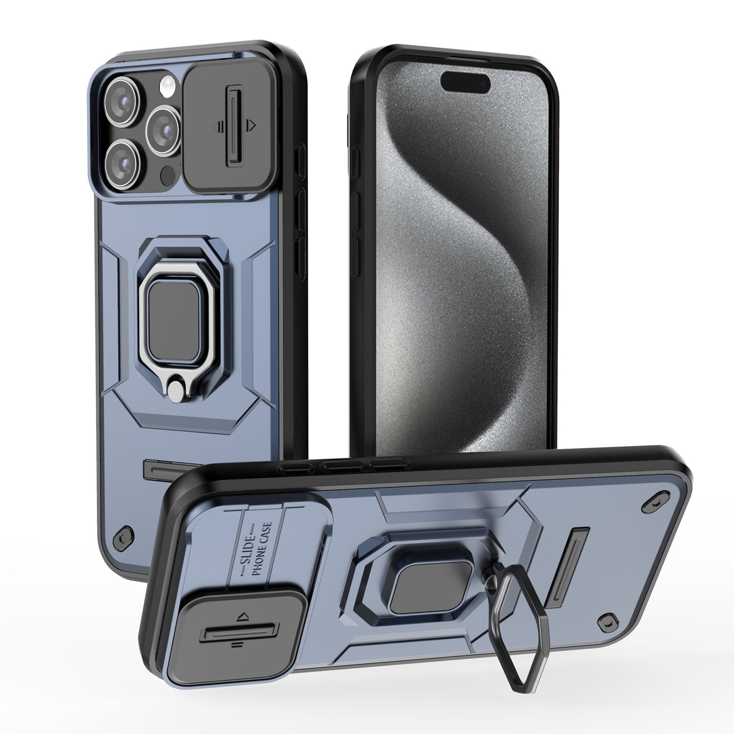 For iPhone 16 15 Pro Max Heavy Duty Shockproof Case with Built in Slide Camera Lens Cover and Kickstand - Zhandx Series