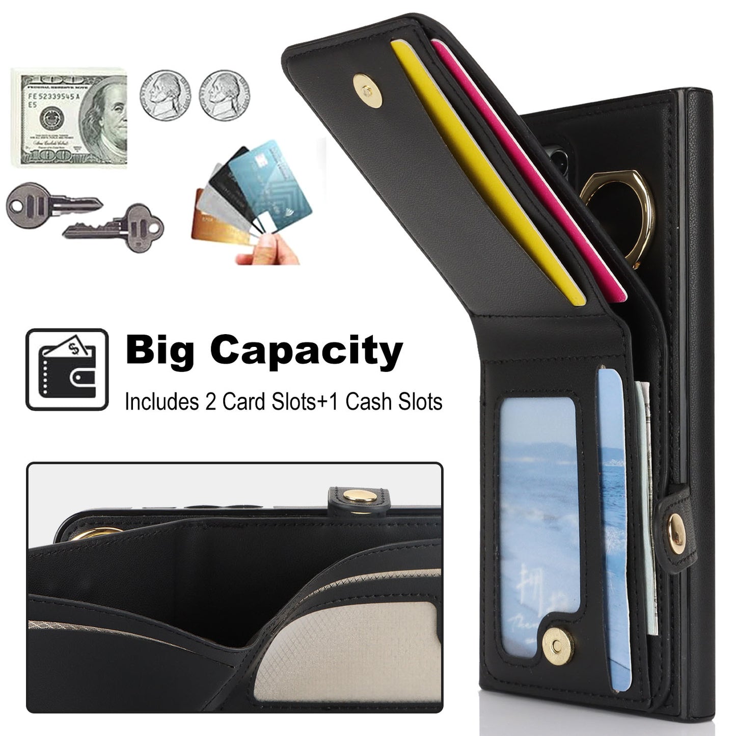 For Galaxy S25 Edge S24 Wallet Case with Card Holder, Leather Protective Cover with Kickstand - Zhihqbk Series