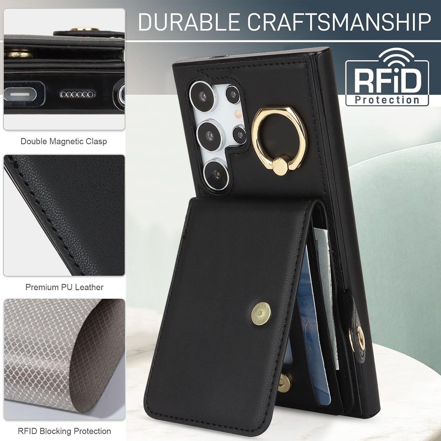 For Galaxy S25 Edge S24 Wallet Case with Card Holder, Leather Protective Cover with Kickstand - Zhihqbk Series