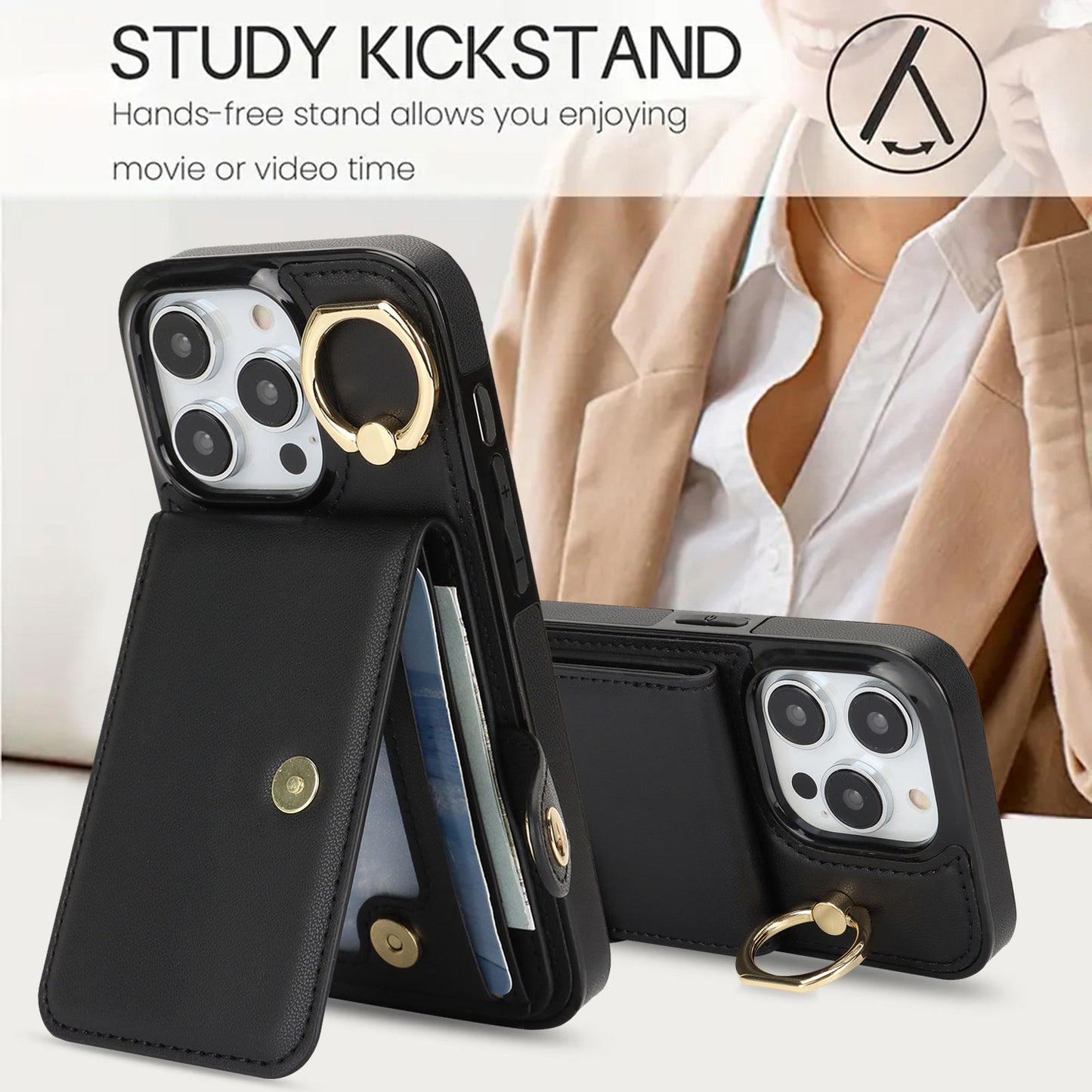 For iPhone 16e 15 Pro Max Wallet Case with Card Holder, Leather Protective Cover with Kickstand - Zhihqbk Series