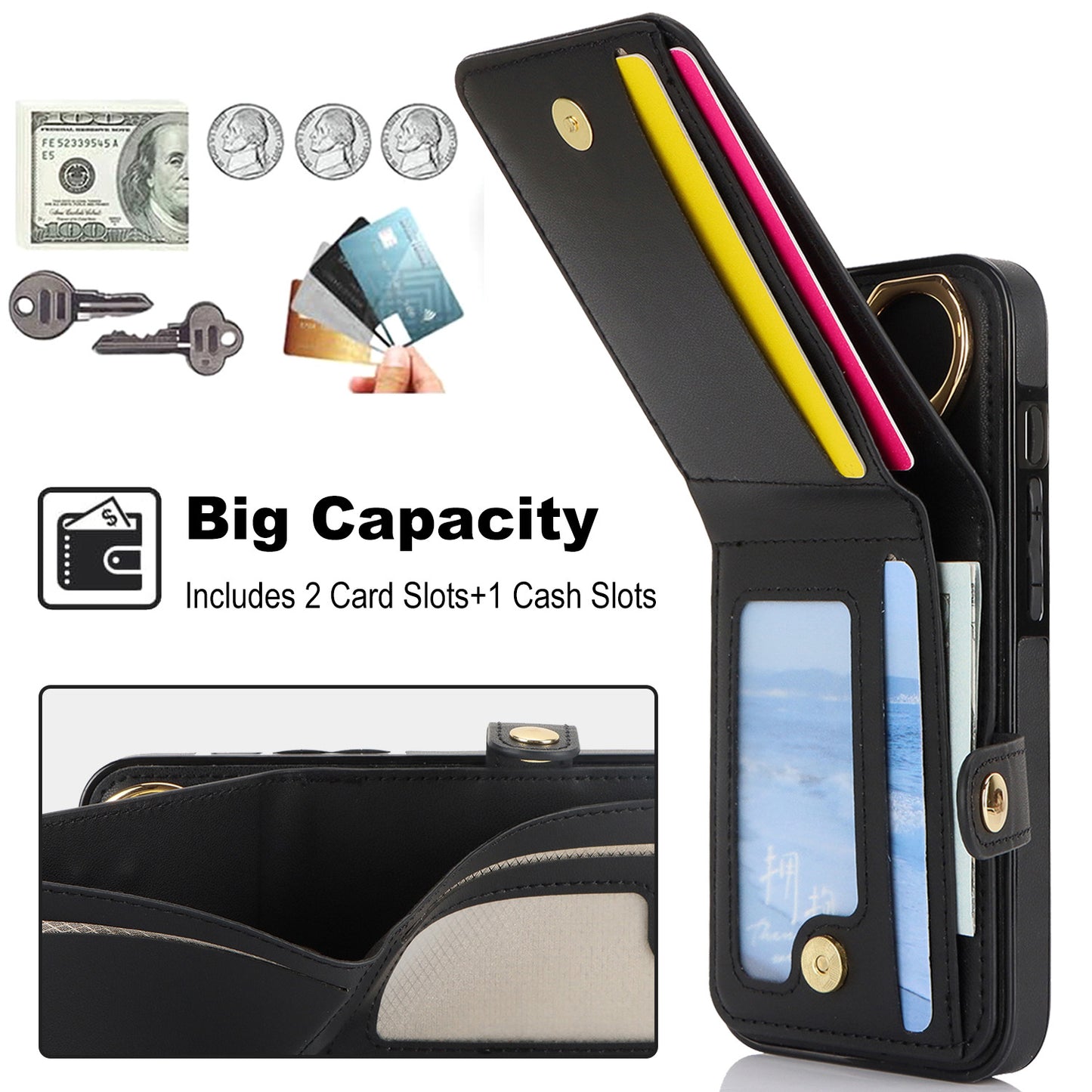 For iPhone 16e 15 Pro Max Wallet Case with Card Holder, Leather Protective Cover with Kickstand - Zhihqbk Series