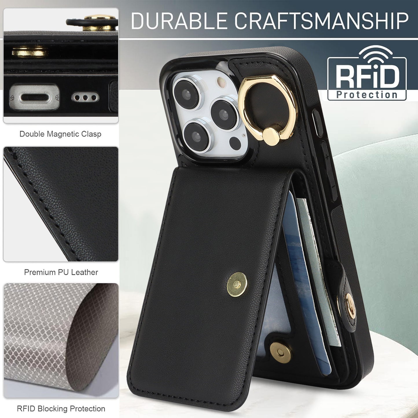 For iPhone 16e 15 Pro Max Wallet Case with Card Holder, Leather Protective Cover with Kickstand - Zhihqbk Series