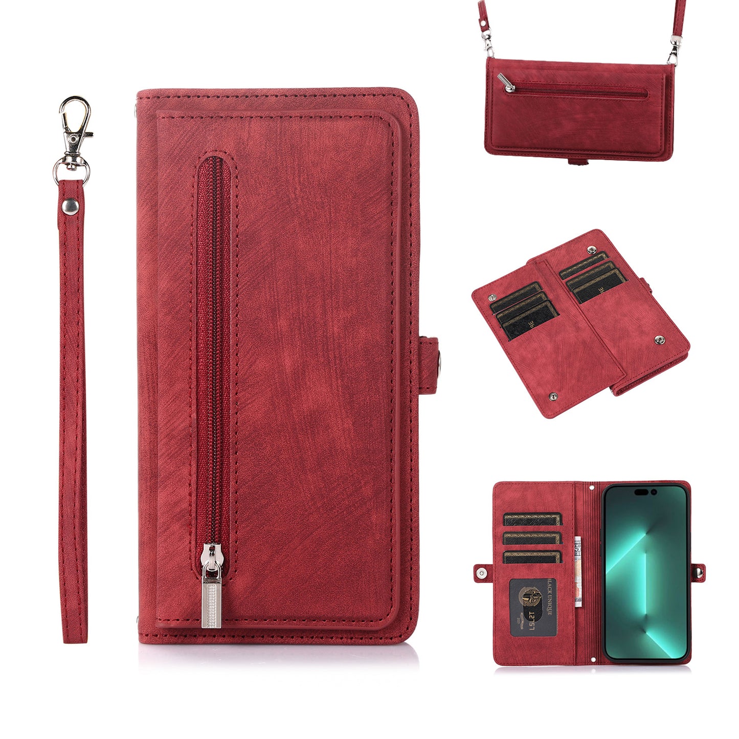 9 Card Slots Holder Zipper Pocket Case with Lanyard Flip Leather Cover for Google Pixel 8 Pro, Red