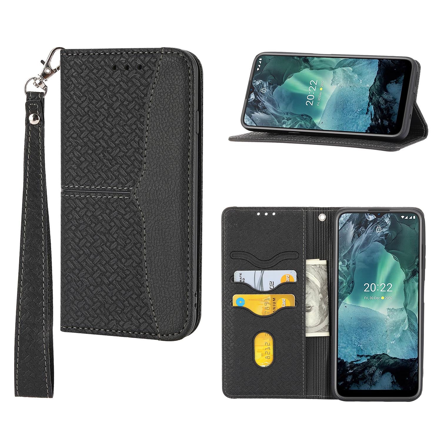 Wallet Case with Wrist Strap Magnetic Closure Flip Case for iPhone 15 Pro, Black