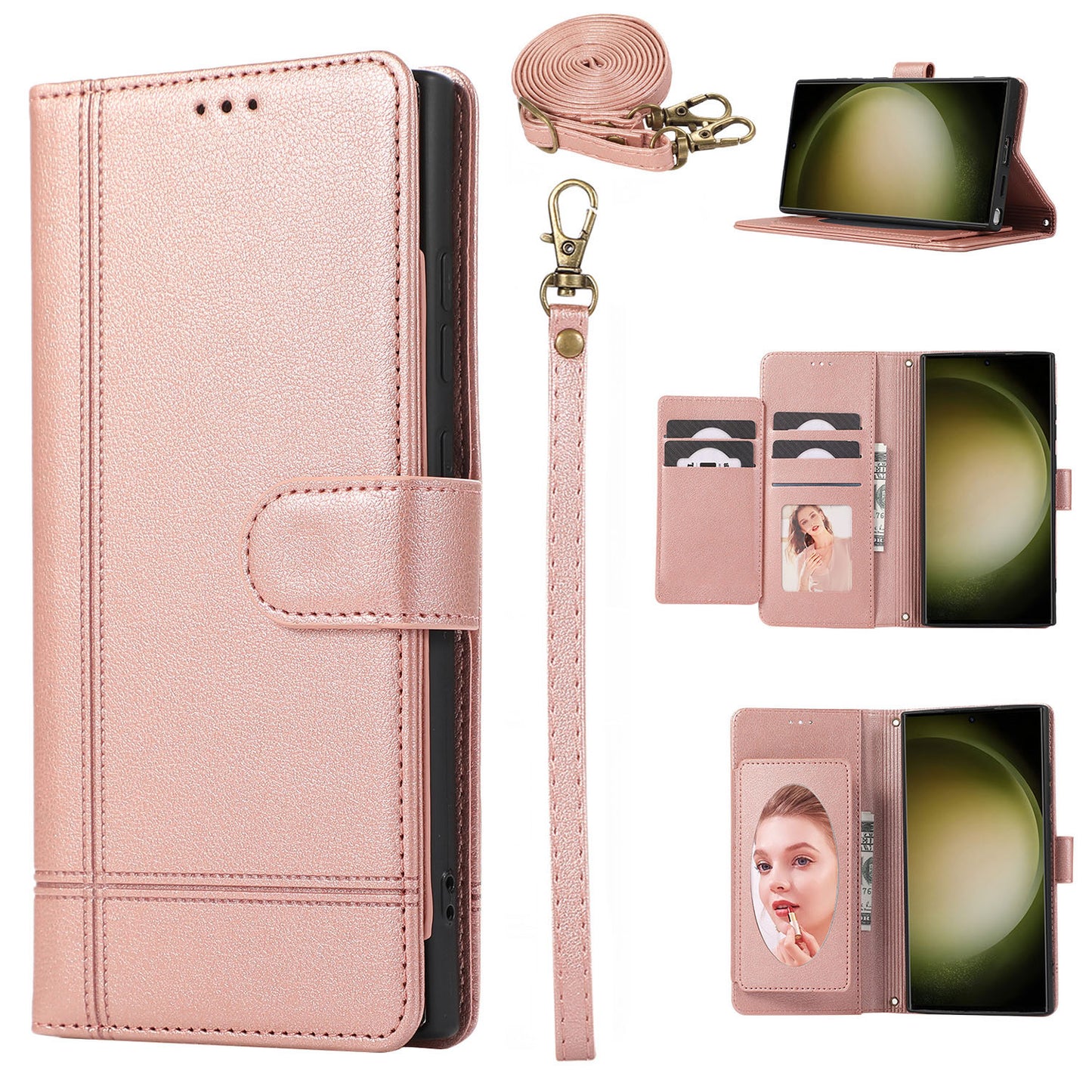 for iPhone 15 Wallet Case with Adjustable Lanyard Strap Mirror Bracket, Rose Gold