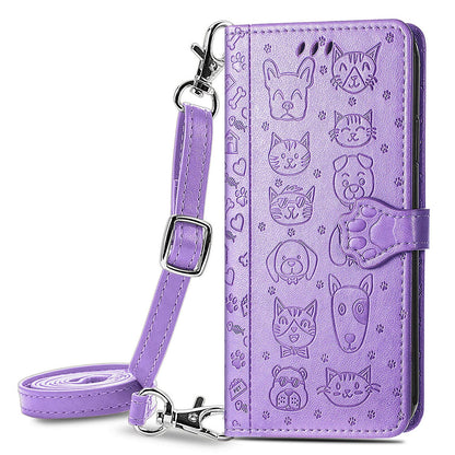 Embossed Pattern Cartoon Style Crossbody Wallet Case for iPhone 12 Pro, Purple