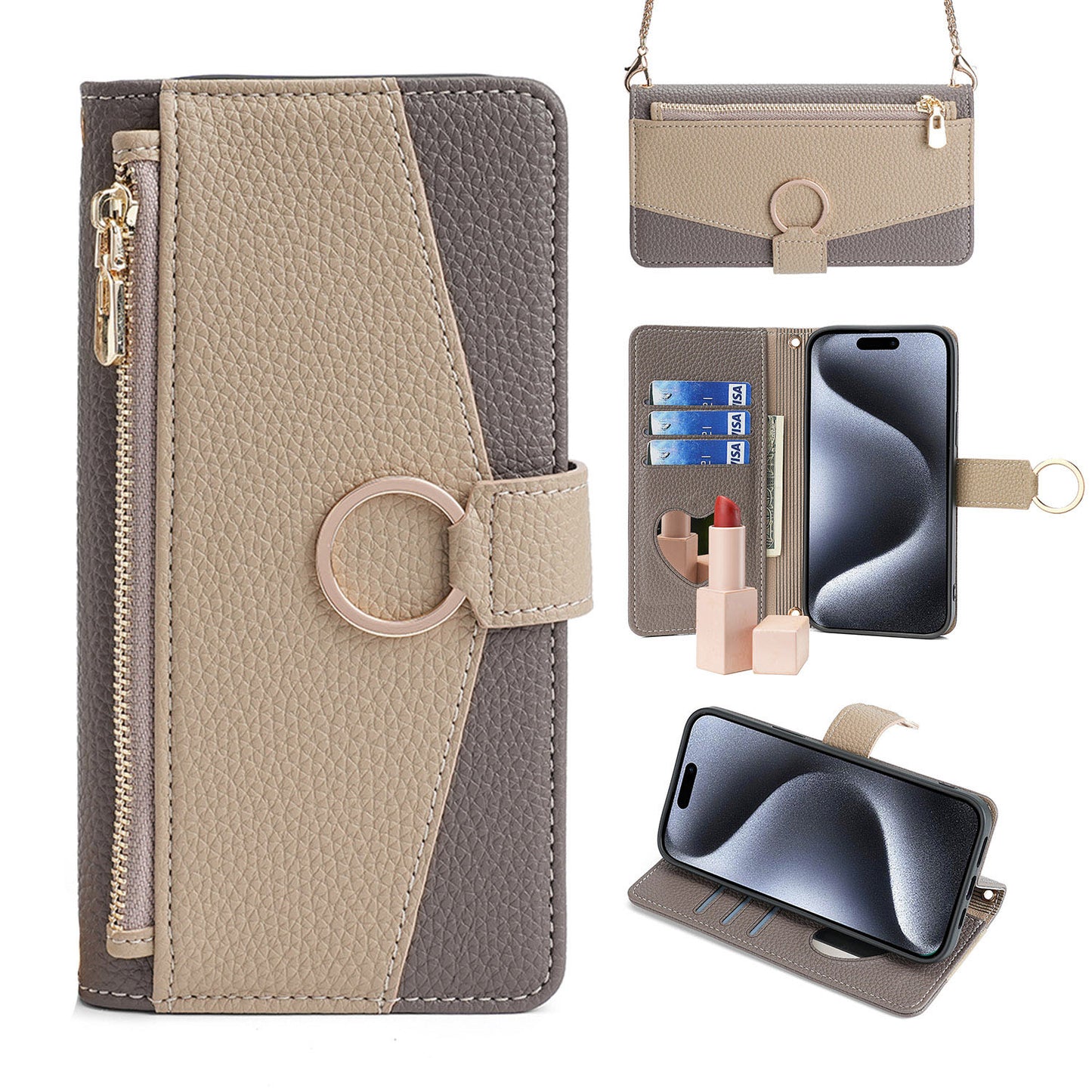 Zipper Wallet Case for iPhone 15 with Chain Lanyard Strap Mirror Bracket, Gray