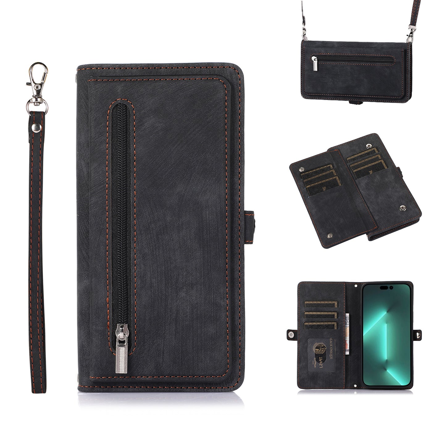 9 Card Slots Holder Zipper Pocket Case with Lanyard Flip Leather Cover for Redmi Note 14 5G, Black