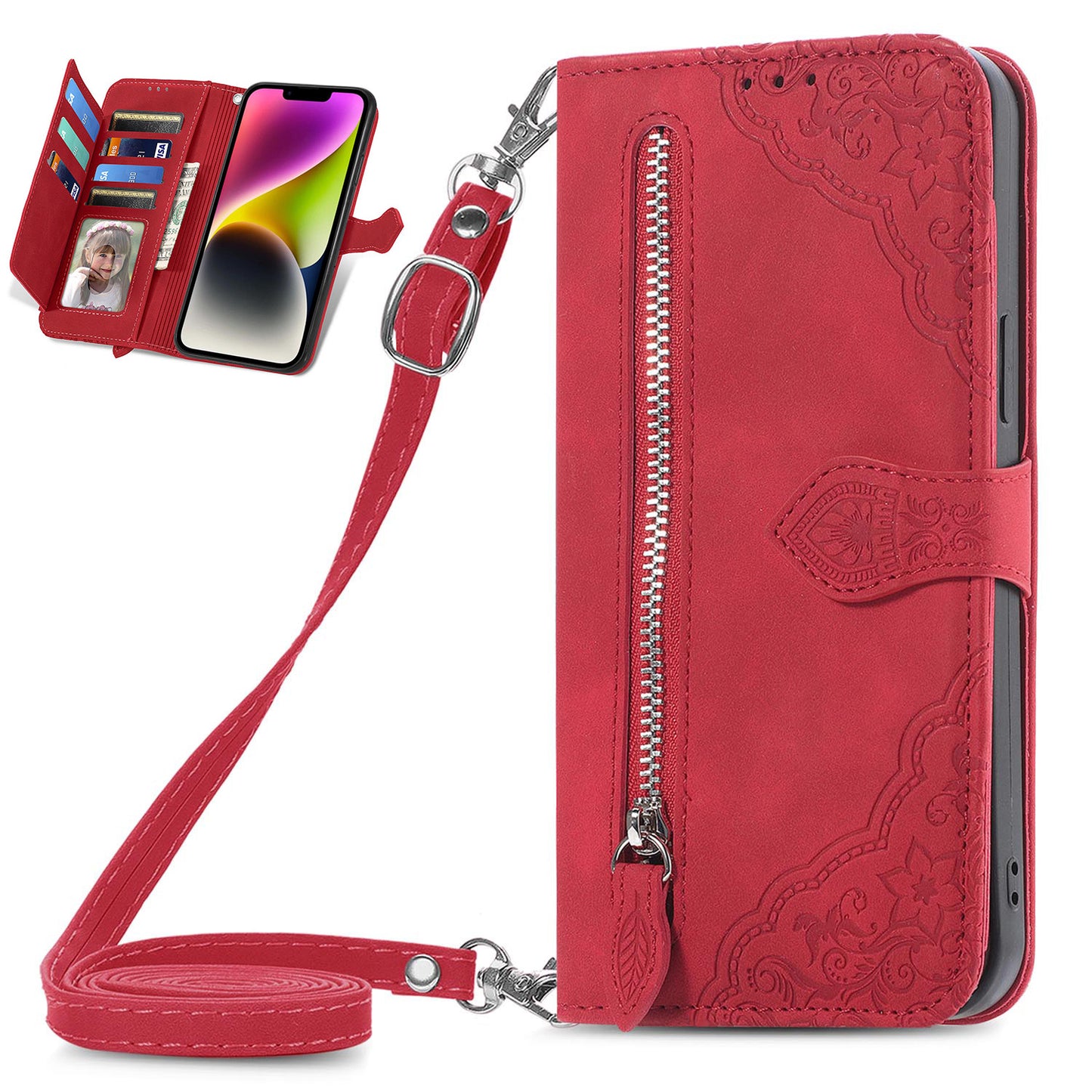 Crossbody Wallet Case Zipper Pocket Protective Cover for Realme GT7 Pro 5G, Red