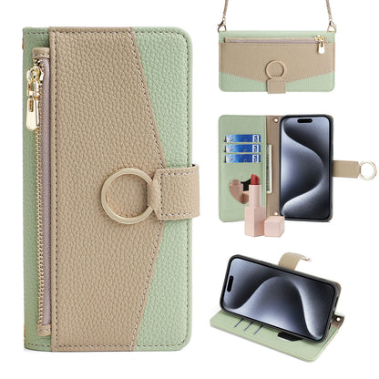 Zipper Wallet Case for iPhone 13 Pro with Chain Lanyard Strap Mirror Bracket, Green