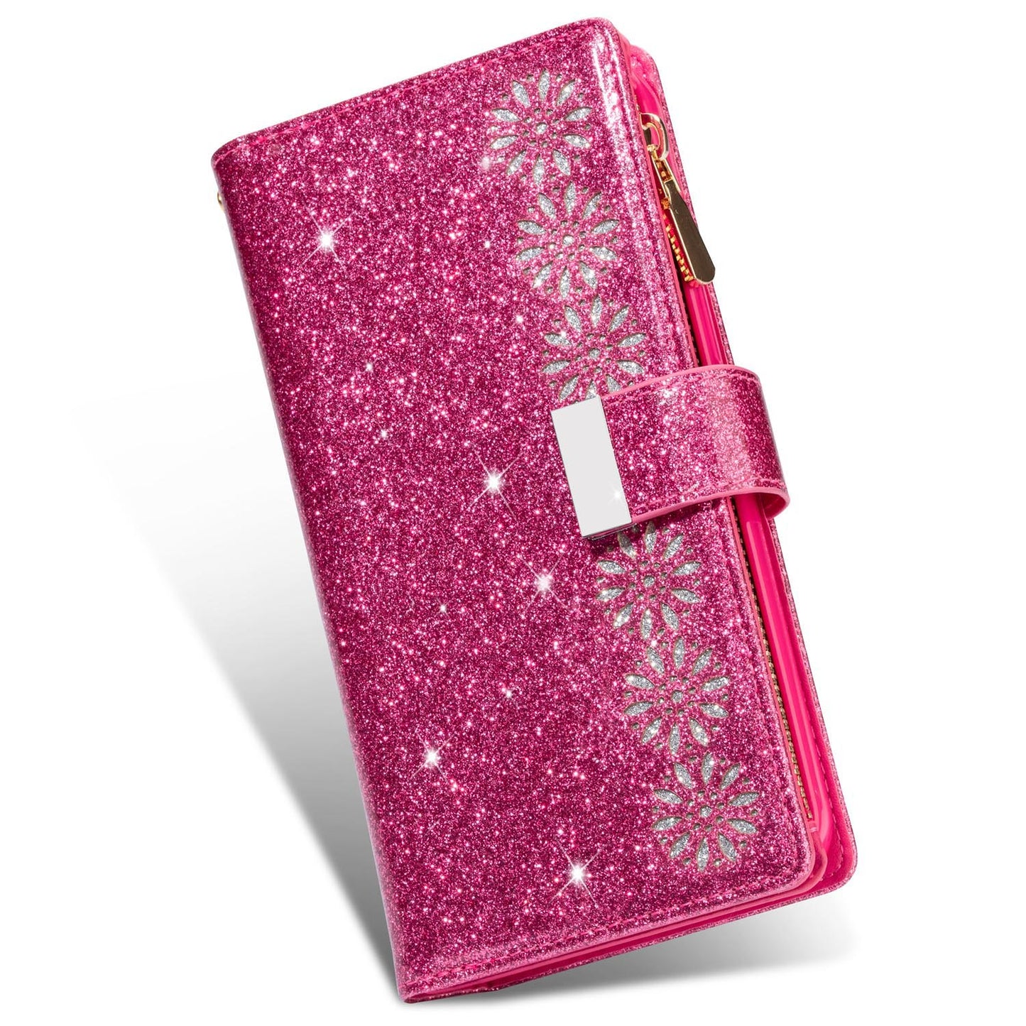 Glitter Leather Wallet Case for Google Pixel 7, Rose Red